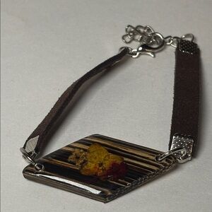Brown Leather Bracelet with Pressed Floral Diamond Pendant 6.5” with 2” ext